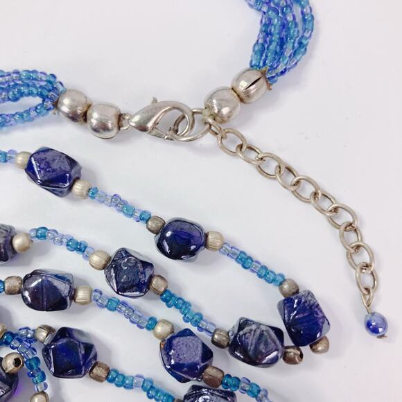 Vintage Glass Bead Tassel Necklace Blue Multi Strand Bohemian Artisan Jewelry - Picture 12 of 13